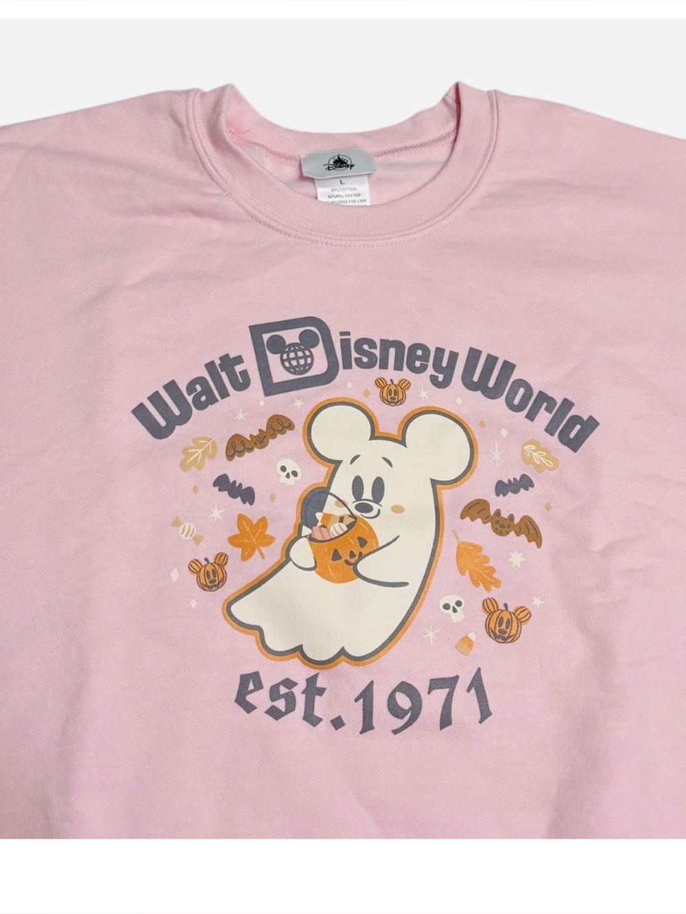 WDW Disney Parks Mickey Mouse Ghost Est 1971 Pink Sweatshirt Adult Size Large